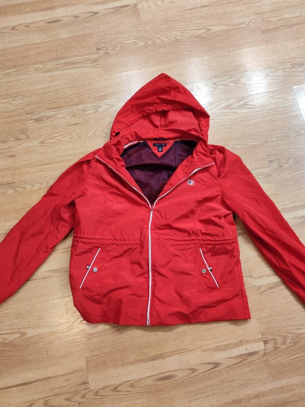 Tommy Hilfiger Women's XL Red Hooded Windbreaker Rain Jacket Full Zip Pockets